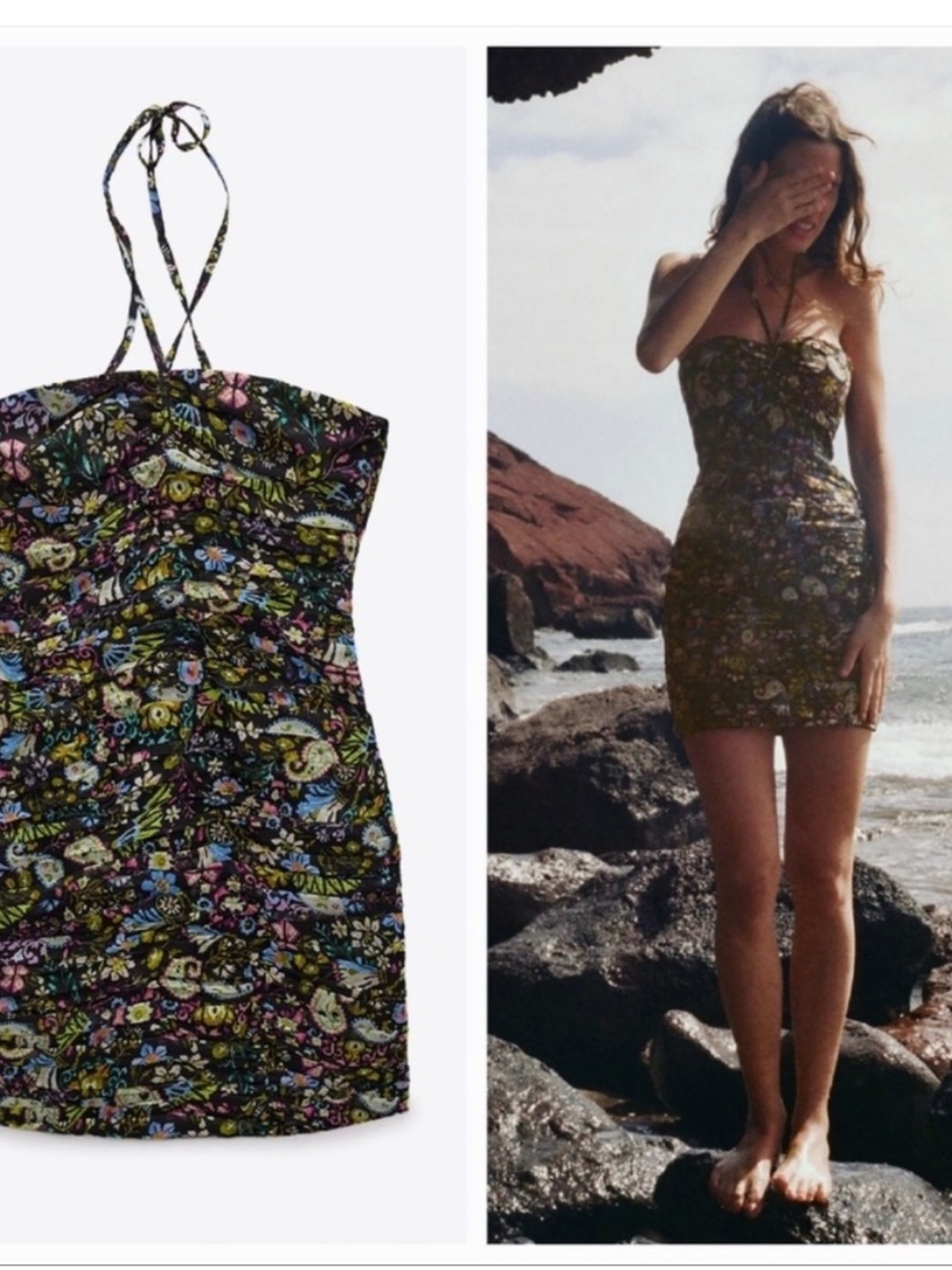 Zara Strapless Floral Mini Dress in Black with Multicolor Print